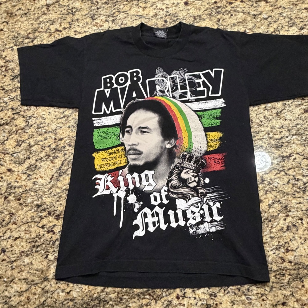 Vintage Bob Marley King of Music T-Shirt Mens Medium Black Pro-Tag Made in USA v